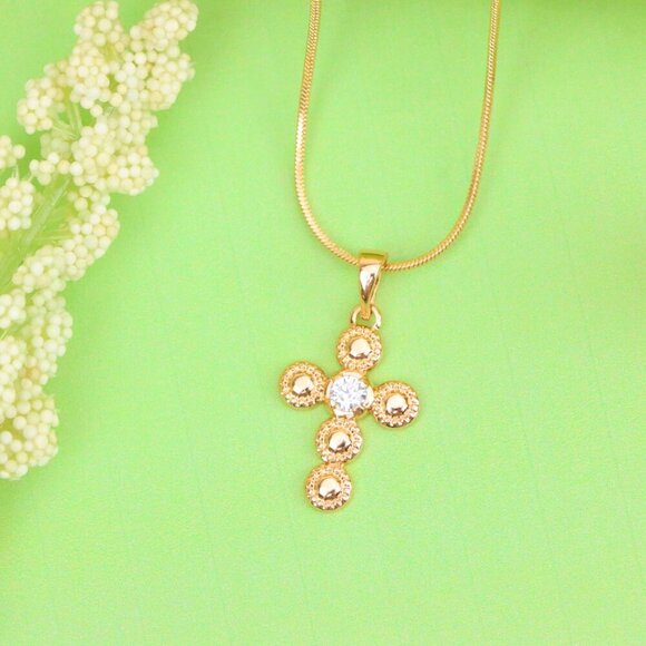 "Rose Gold Cross Pendant with Textured Beads and Center Crystal Stone, XPPT1606 - Picture 3 of 13